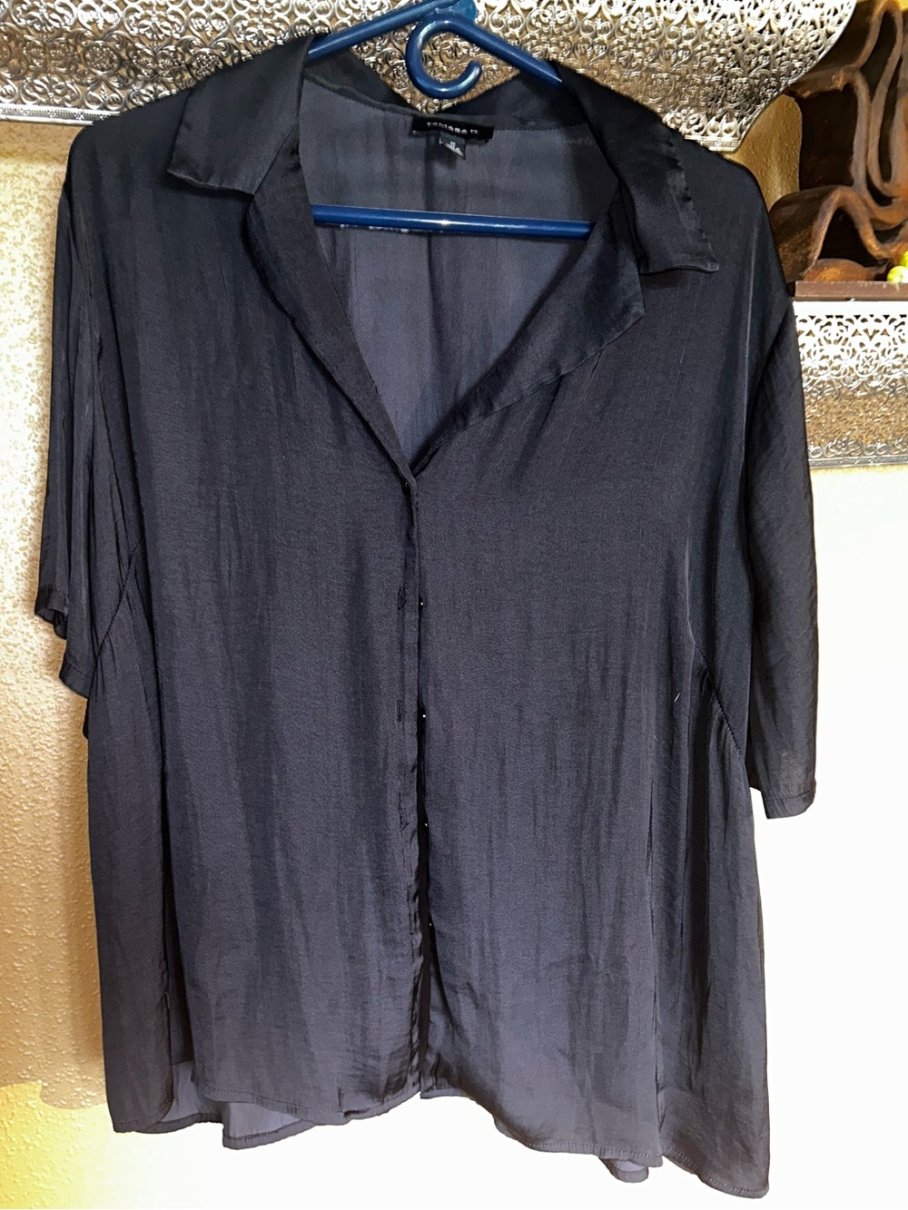 Lightweight Black Button-Front satin feel Blouse